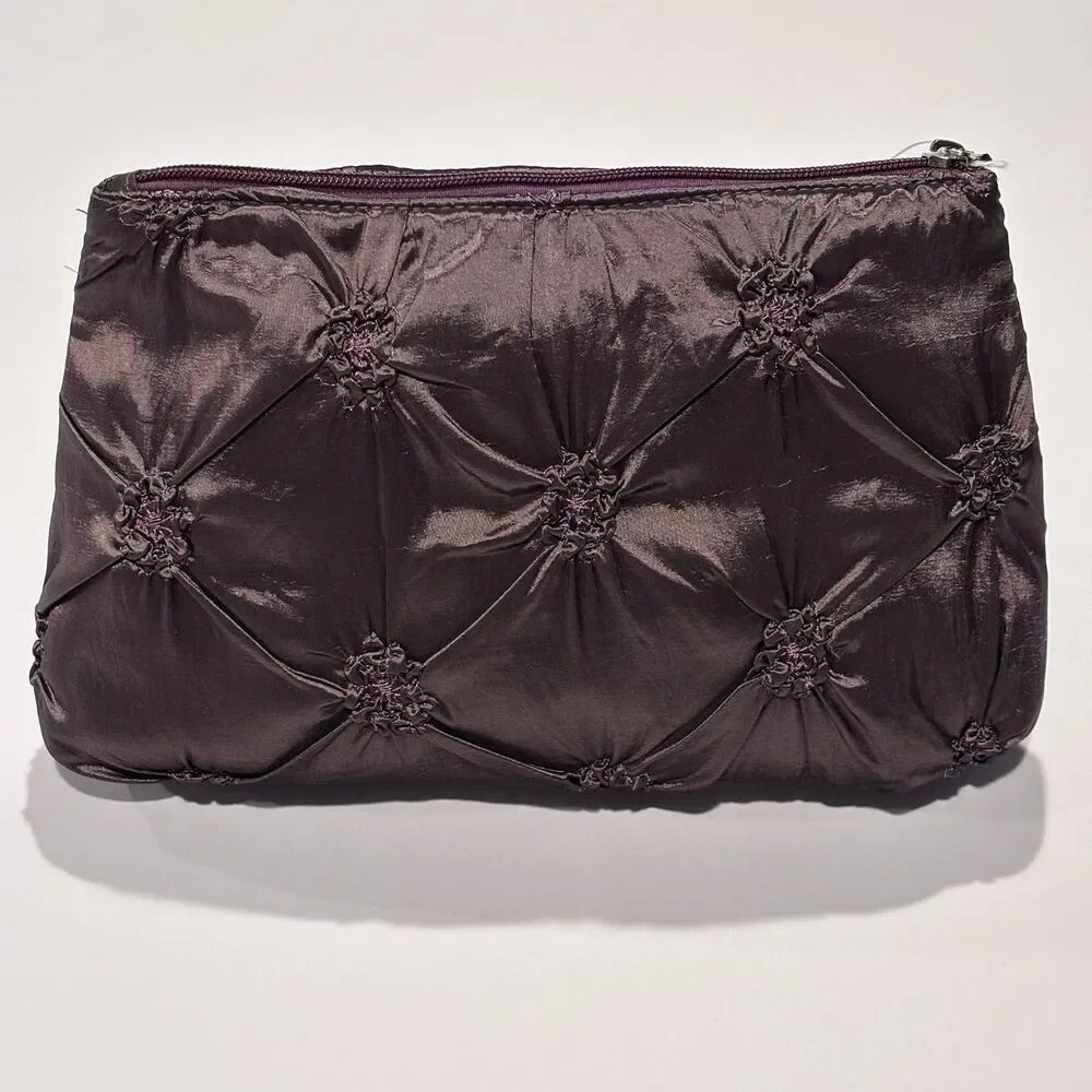 Purple Satin Pintuck Cosmetic Makeup Travel Bag Set 2 Pieces Tassel Zipper NWOT